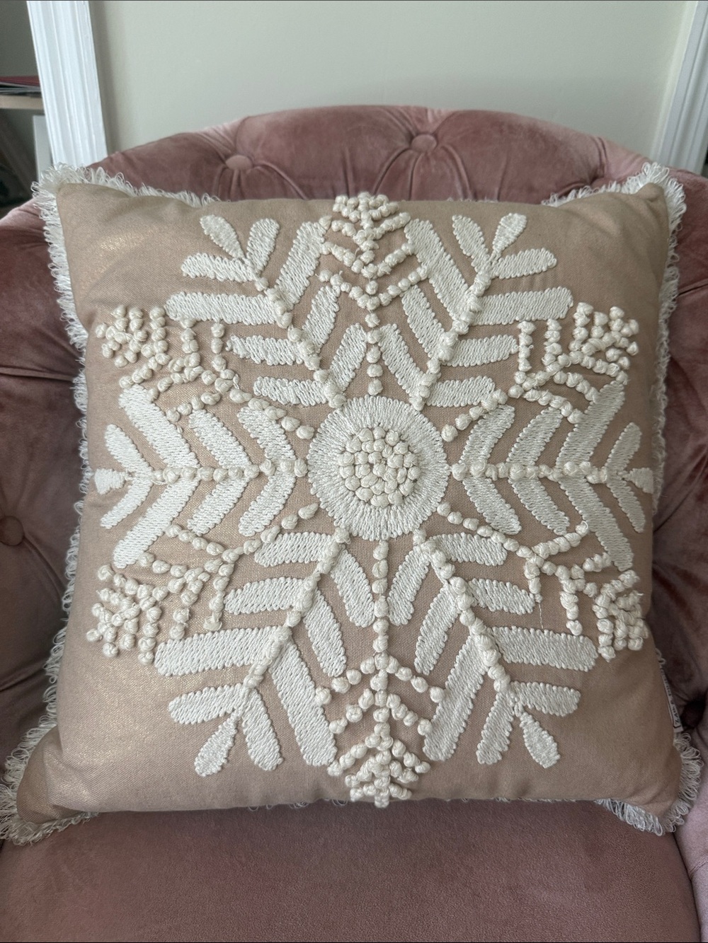 Embroidered Snowflake Holiday Pillow - Cream & Tan